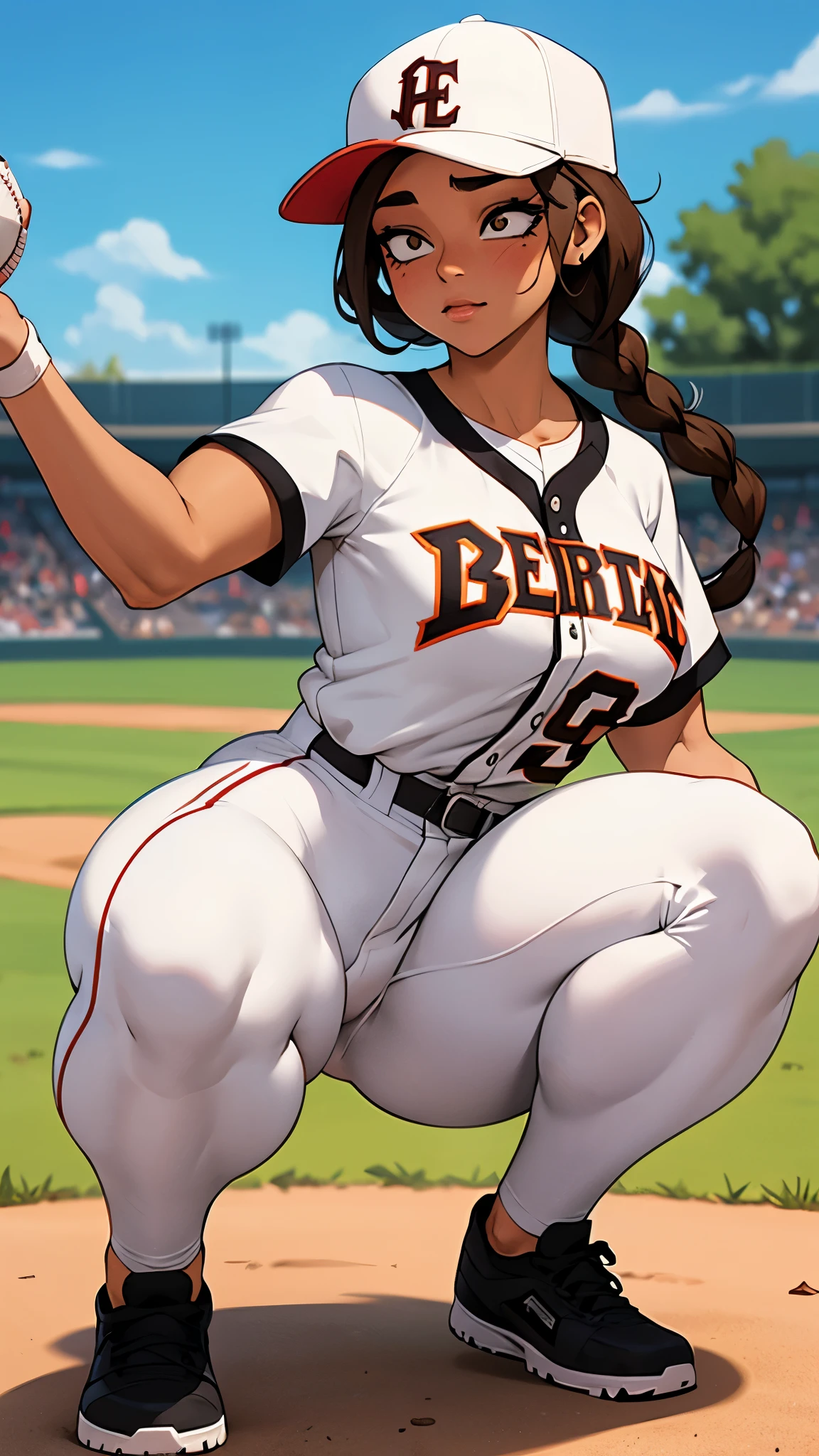 Baseball player, catchet, White uniform, baseball cap, brown braids hair, curvy, thin waist, squatting position