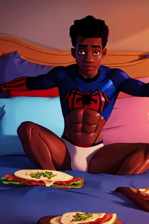 Miles Morales lies in his bed with friends eating a sandwich and showing his abs,