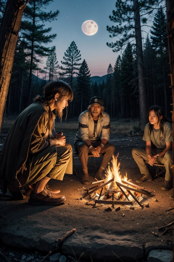 Old Apaches, greeting the sunrise, camp fire, spirits and lights , big full moon with wolf and owl