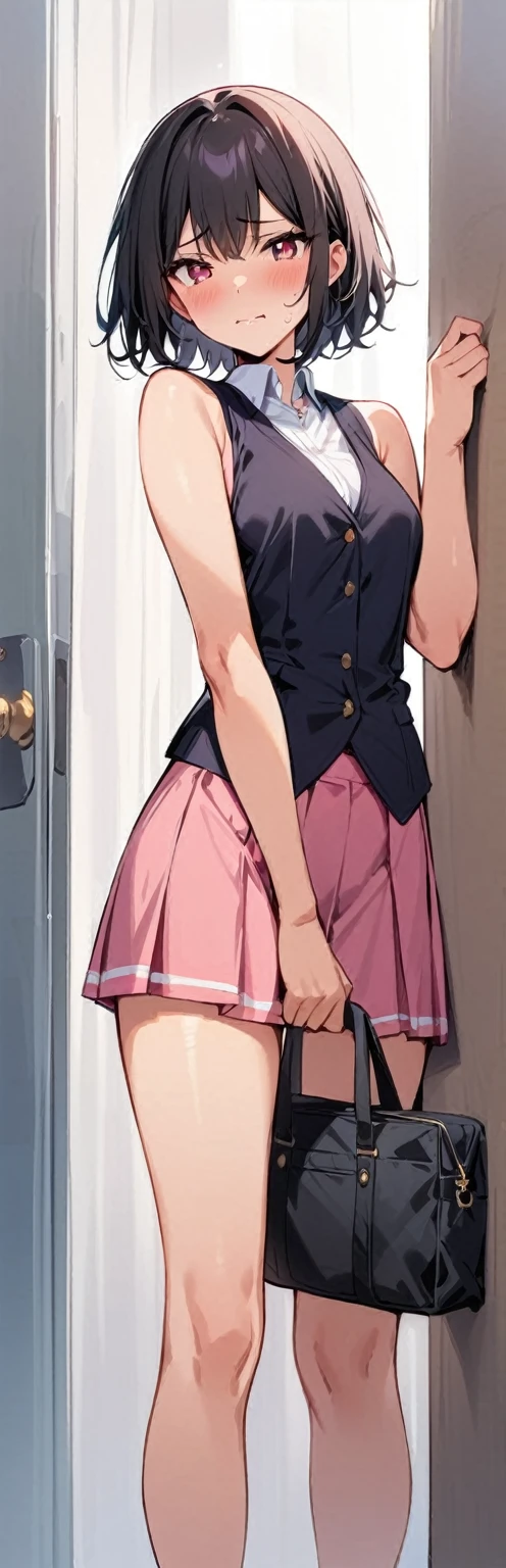 (masterpiece, Highest quality:1.2), One girl, Embarrassed, Short Hair, without 黒 sleeveless short vest,Pink Skirt