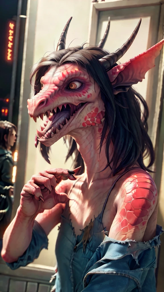 a beautiful girl with long brown hair, torn clothes, tattered clothes, human face, screaming in terror, standing on a street corner, (best quality,4k,8k,highres,masterpiece:1.2),ultra-detailed,(realistic,photorealistic,photo-realistic:1.37),award winning,transformation,magma dragon,dragon,intricate details,photorealistic,cinematic lighting,volumetric lighting,depth of field,beautiful face,striking pose,dynamic composition,vivid colors,warm tones