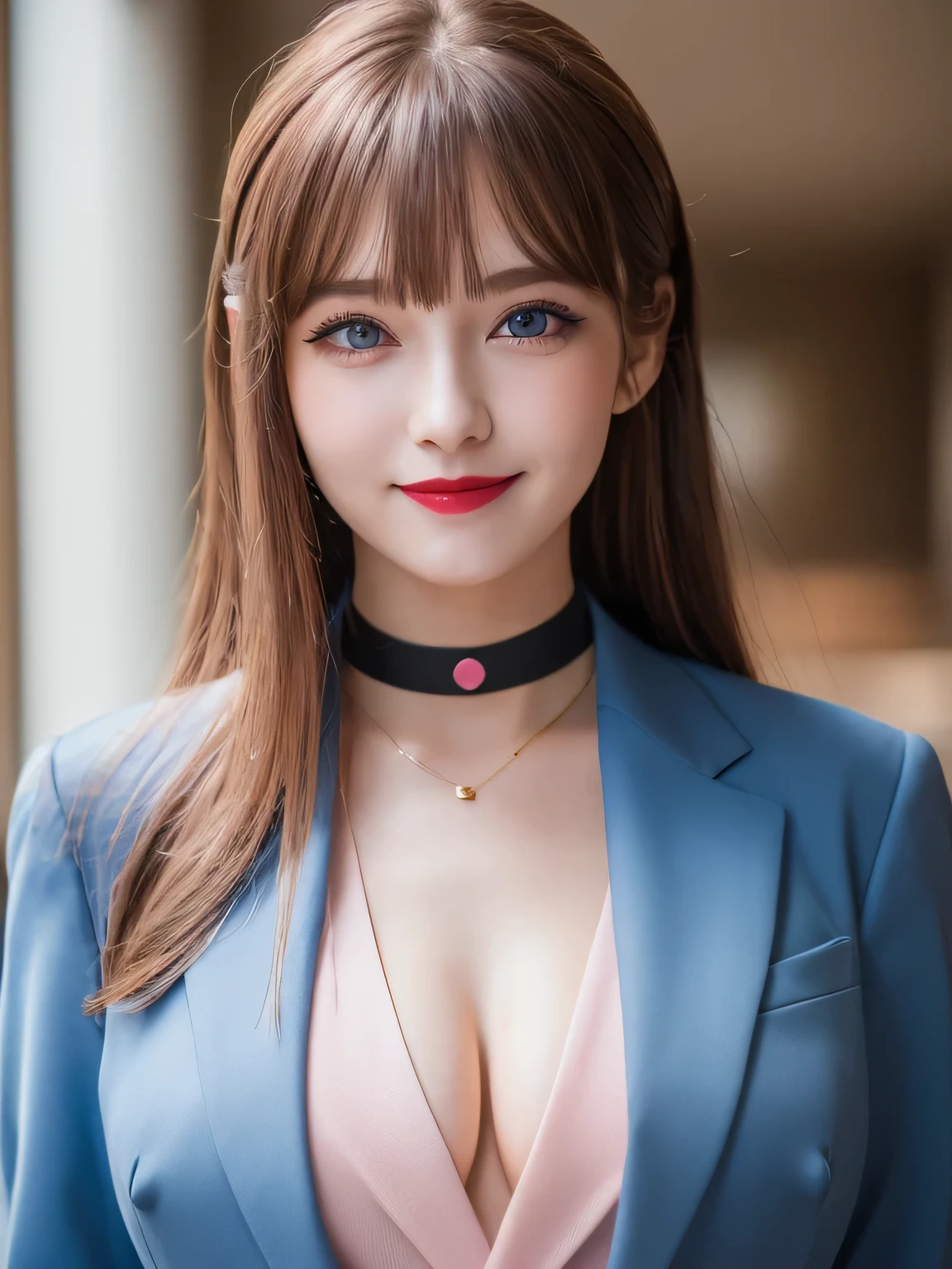 (Highest quality, 8K, Tabletop, Ultra HD: 1.3), Pastel pink business suit, 20-year-old、Bans、smile, Black choker, Blue Eyes, Red lipstick, Very long eyelashes, Big breasts family, noble, bangs, Straight long hair with brown hair, President&#39;s office, ((Full body portrait:1.5, Thighs)), mini skirt, high waist, Hair tied back