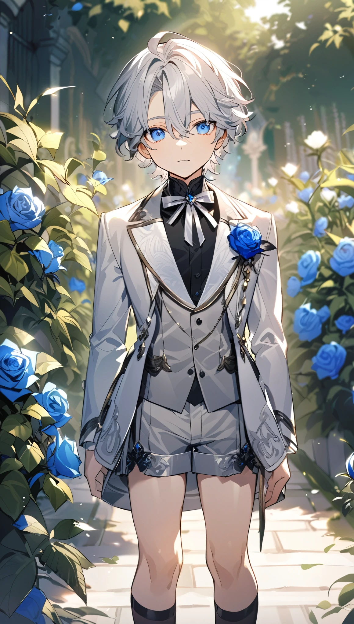 Handsome，very beautiful，1 little boy，young，alone，white short hair，blue eyes，black shirt，Luxurious white blazer，((Gray suit shorts))，black garters，((blue Rose))，White satin ribbon clothing decoration，Exquisite clothing details，Calm expression，Holy，Goethe-style，garden