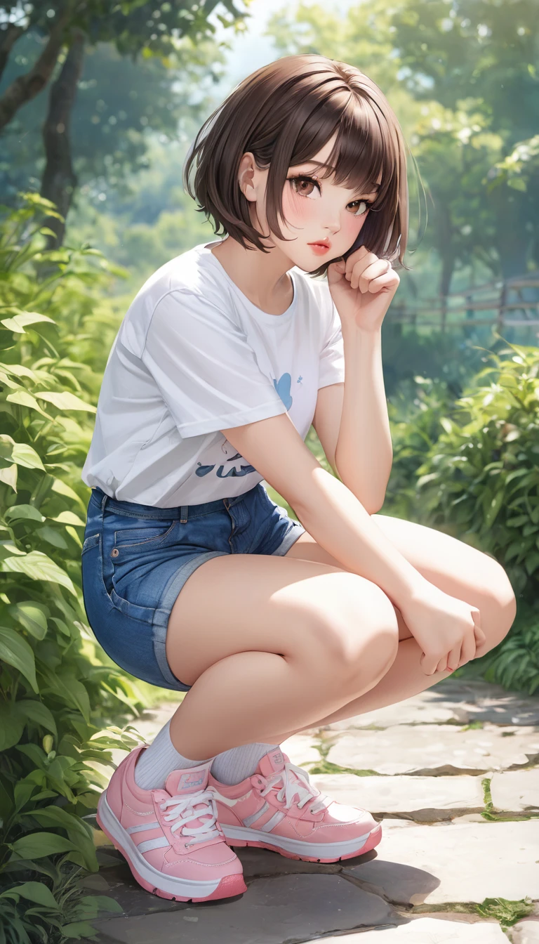 1girl, solo, blush, looking_at_viewer, short_hair, bangs, brown_hair, black_hair, shirt, original, brown_eyes, closed_mouth, full_body, short_sleeves, white_shirt, parted_lips, shoes, outdoors, shorts, day, socks, medium_hair, lips, squatting, denim, t-shirt, sneakers, denim_shorts, blue_shorts, paw_pose, pink_footwear