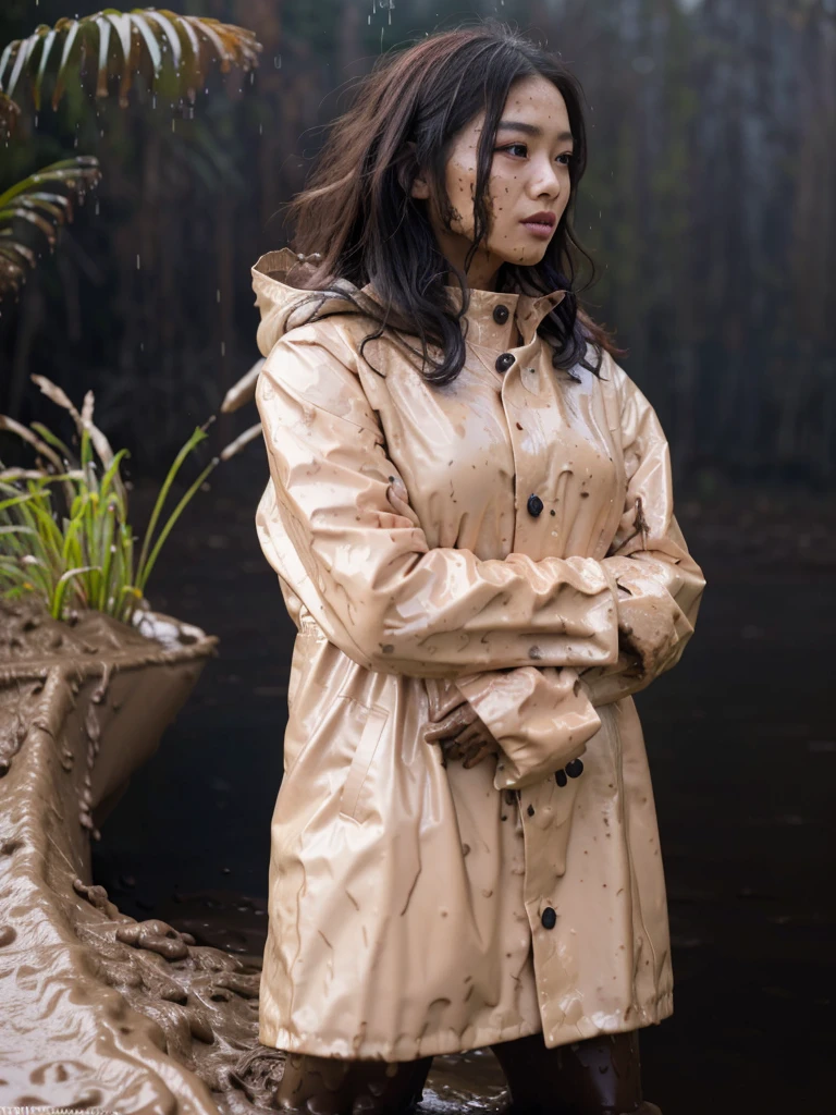 a beautiful young asian woman wearing a pink buttoned raincoat, her clothes and raincoat covered in mud, walking through a muddy field, (best quality,4k,8k,highres,masterpiece:1.2),ultra-detailed,(realistic,photorealistic,photo-realistic:1.37),HDR,UHD,studio lighting,ultra-fine painting,sharp focus,physically-based rendering,extreme detail description,professional,vivid colors,bokeh,portrait,realistic,photographic,natural lighting,muddy environment,rainy day