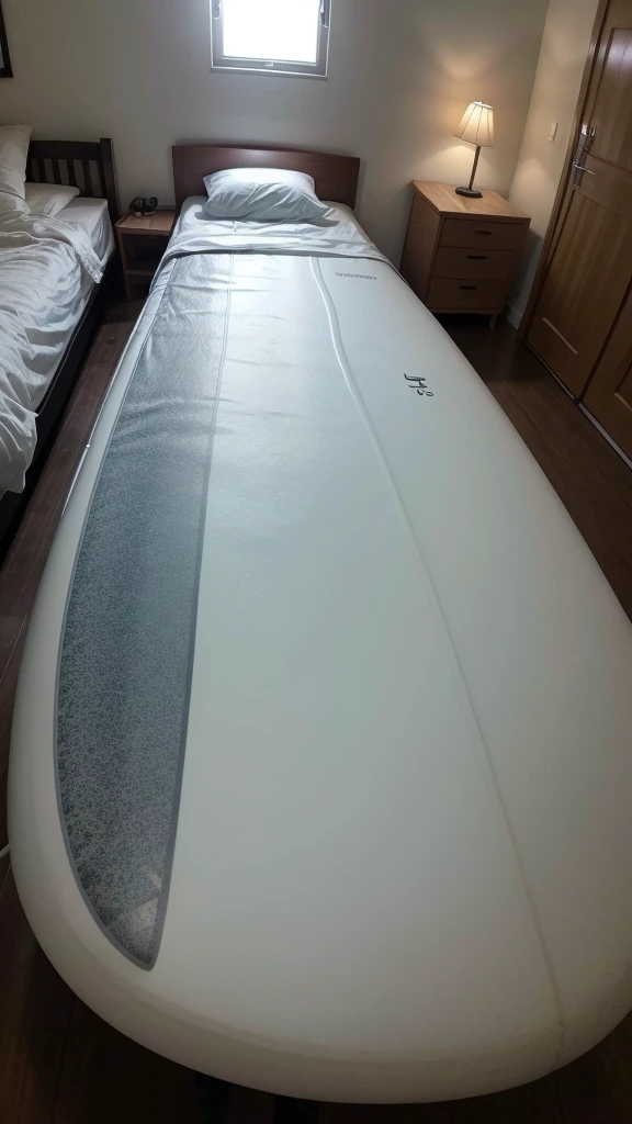 White 30L surfboard on the bed in a dark environment photo as if taken by cell phone camera