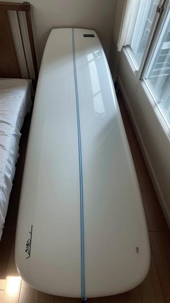White 30L surfboard on the bed in a dark environment photo as if taken by cell phone camera