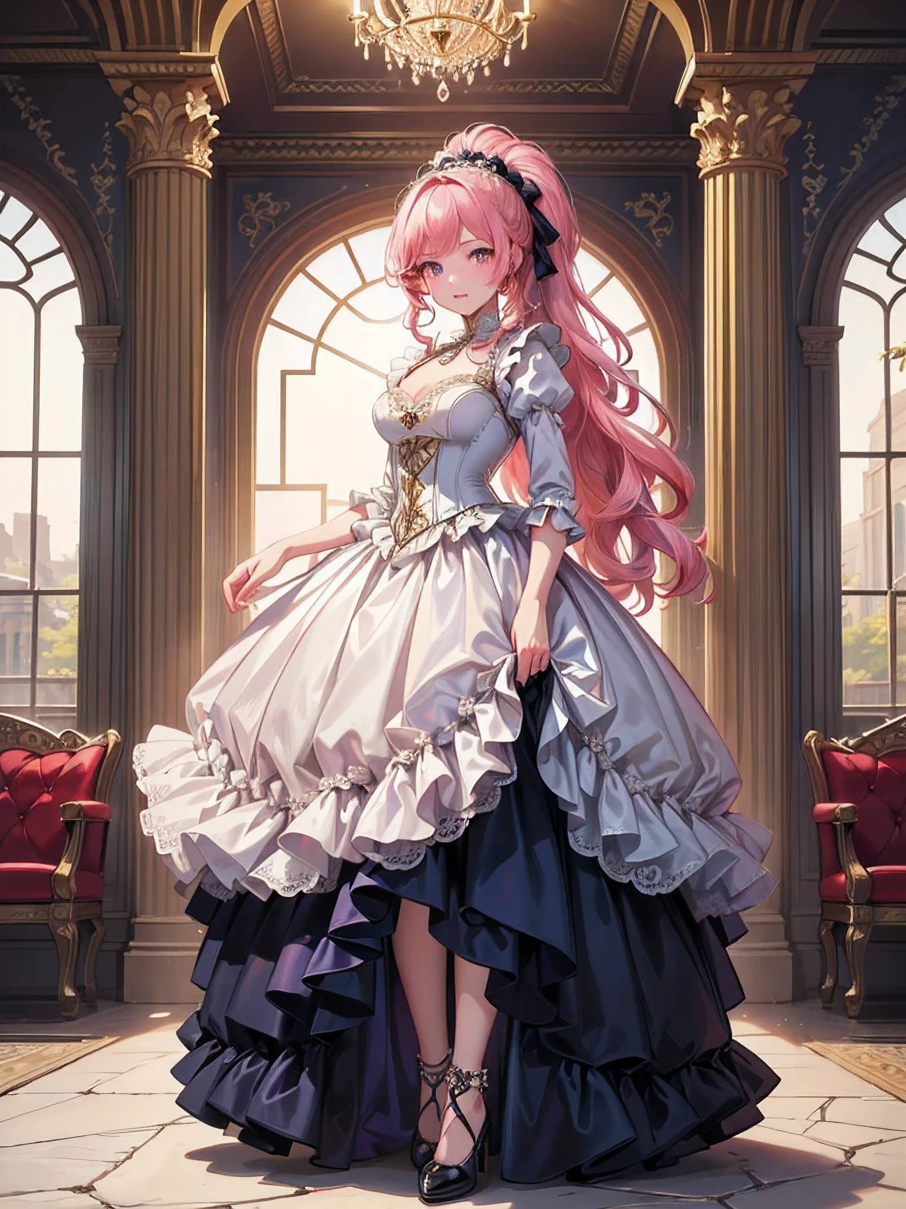 ((Moe anime art style:1.1)), (((masterpiece))), (((Highest quality))), (((Ultra-high resolution))), (((8K))), (((Very detailed))), solo girl, ((full body)), (((Super Definition and Beautiful Face, Beautiful Lips))), (((Pink Hair, Fluffy ponytail, Curly Hair, Expressive hair, very voluminous long hair))), ((Black taffeta material)), ((Dense lace, Long train, Lots of frills)), (((Full-length crinoline hoop skirt, Beautiful and luxurious Rococo Victorian ball gown dress))), 