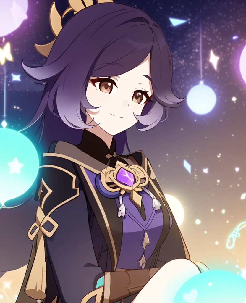 Make a Genshin Impact oc. Give her long brown, to purple ombre hair. Her vision/element is anemo. She has a music themed, teal, and black outfit. With shorts. Brown slender-ish eyes. She is very kind, and soft-hearted. She likes space and singing. Mature body. Slight head tilt, and smile. In Genshin style