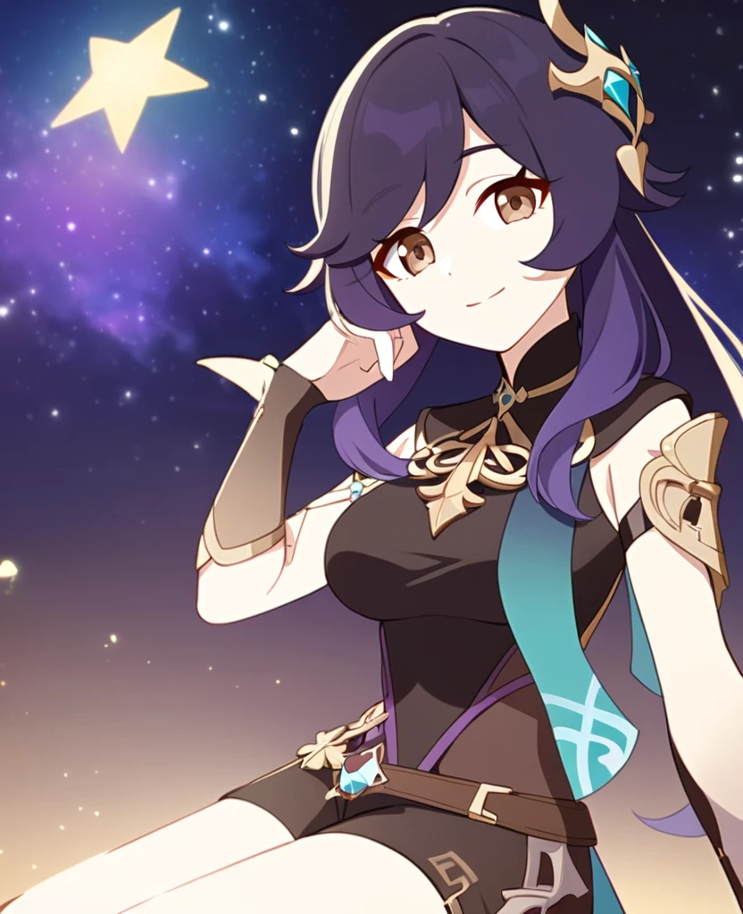 Make a Genshin Impact oc. Give her long brown, to purple ombre hair. Her vision/element is anemo. She has a music themed, teal, and black outfit. With shorts. Brown slender-ish eyes. She is very kind, and soft-hearted. She likes space and singing. Mature body. Slight head tilt, and smile. In Genshin style