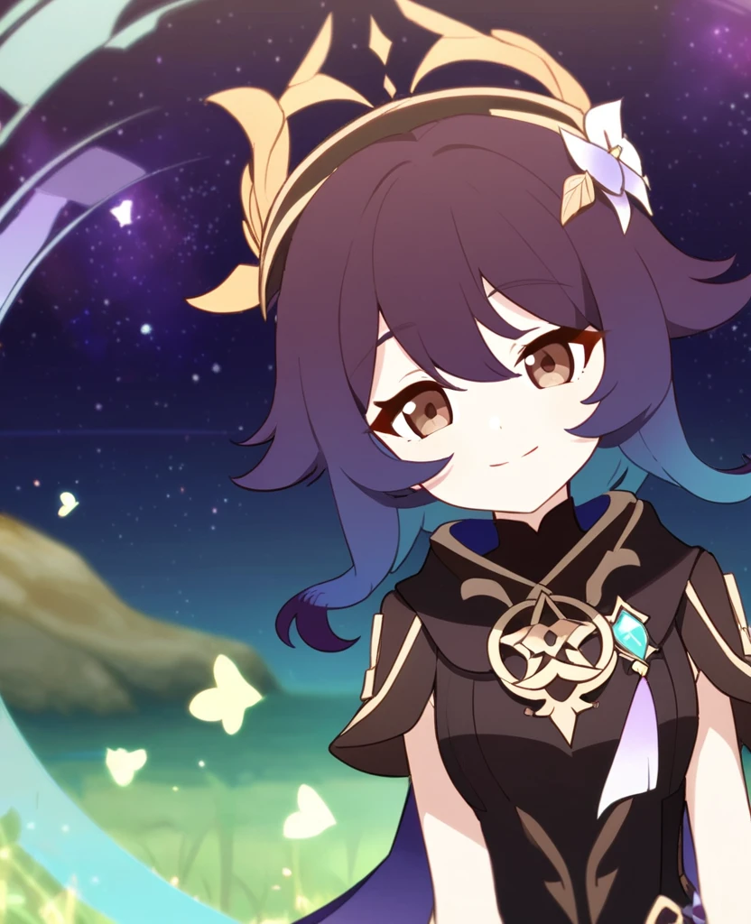 Make a Genshin Impact oc. Give her long brown, to purple ombre hair. Her vision/element is anemo. She has a music themed, teal, and black outfit. With shorts. Brown slender-ish eyes. She is very kind, and soft-hearted. She likes space and singing. Mature body. Slight head tilt, and smile. In Genshin style