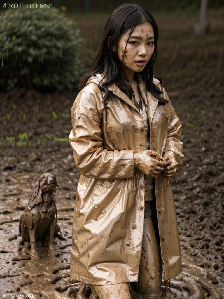 a beautiful young asian woman wearing a pink buttoned raincoat, her clothes and raincoat covered in mud, walking through a muddy field, (best quality,4k,8k,highres,masterpiece:1.2),ultra-detailed,(realistic,photorealistic,photo-realistic:1.37),HDR,UHD,studio lighting,ultra-fine painting,sharp focus,physically-based rendering,extreme detail description,professional,vivid colors,bokeh,portrait,realistic,photographic,natural lighting,muddy environment,rainy day