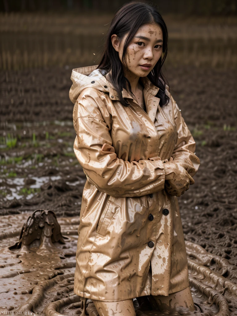 a beautiful young asian woman wearing a pink buttoned raincoat, her clothes and raincoat covered in mud, walking through a muddy field, (best quality,4k,8k,highres,masterpiece:1.2),ultra-detailed,(realistic,photorealistic,photo-realistic:1.37),HDR,UHD,studio lighting,ultra-fine painting,sharp focus,physically-based rendering,extreme detail description,professional,vivid colors,bokeh,portrait,realistic,photographic,natural lighting,muddy environment,rainy day
