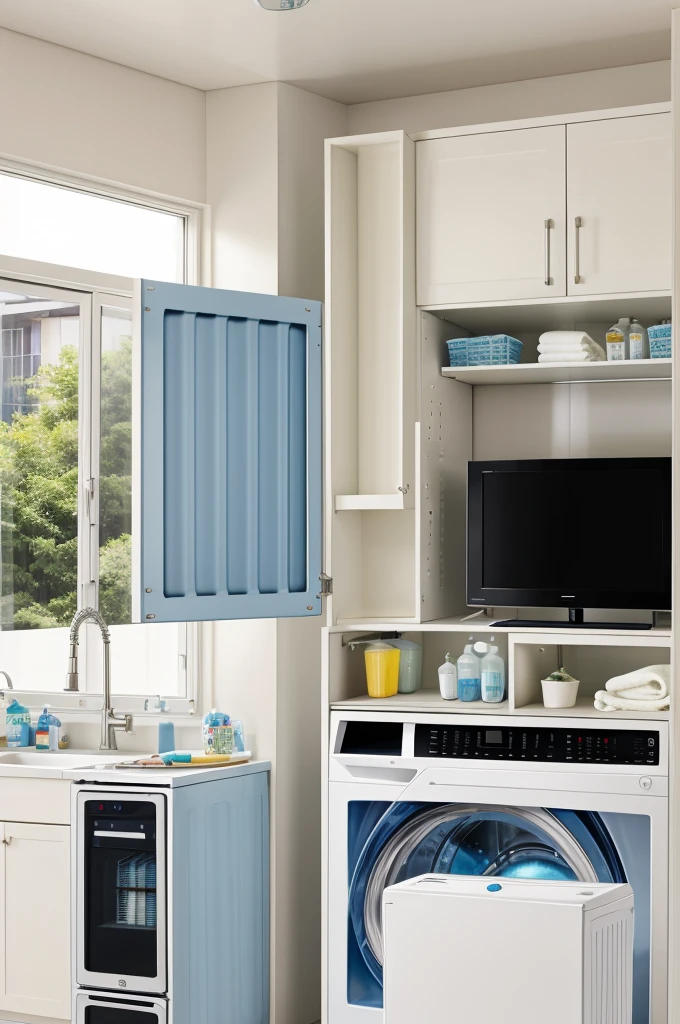 Create a collage of items airconditioner, washing machine , refrigerator, television
