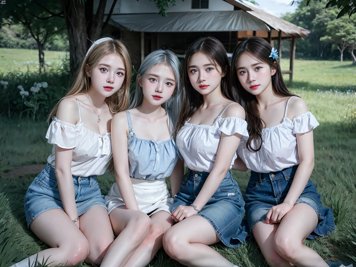(4 Girls), Indonesian baby face, 12 years, white skin, Round breast, blue eyes, meadow, silver hair, 8K, The details are very realistic...., The best of photography Wear a jeans skirt....
