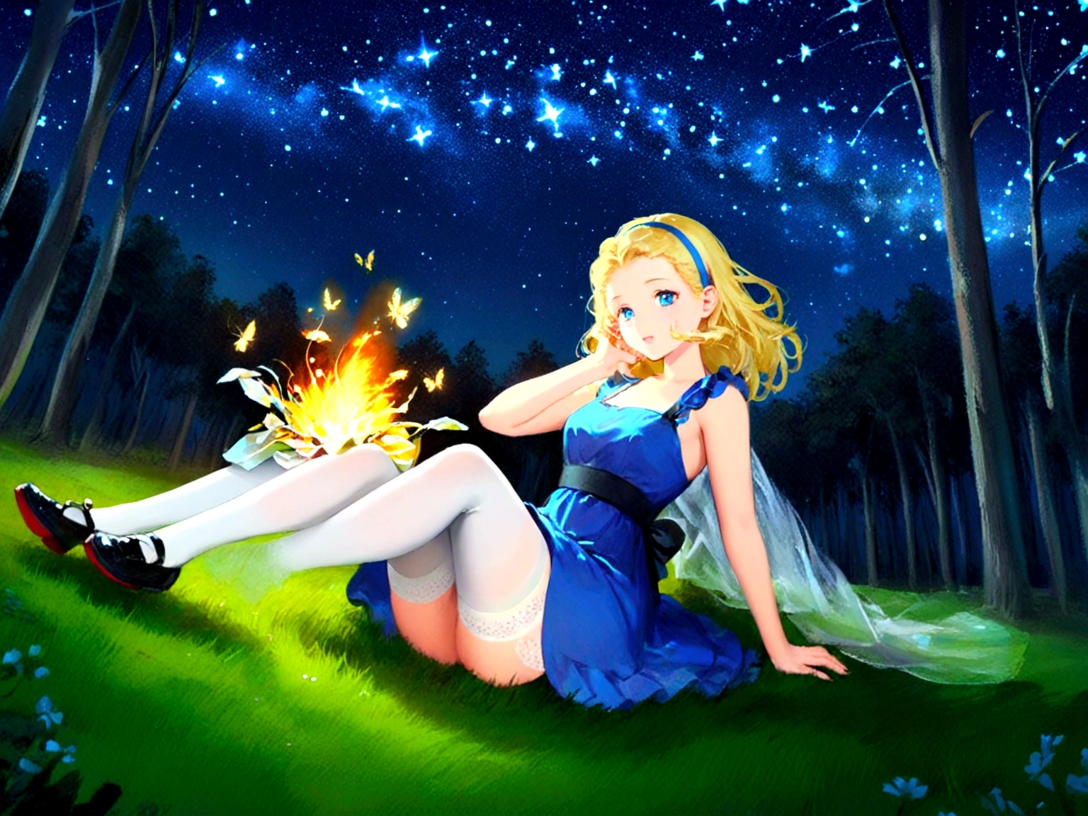 Big messy haired blonde anime woman with hairband, pale blue eyes, wearing blue dress with no sleeves, white stockings and little black shoes, sitting in the woods next to glowing mushroom surrounded by fireflies under the starry night sky 