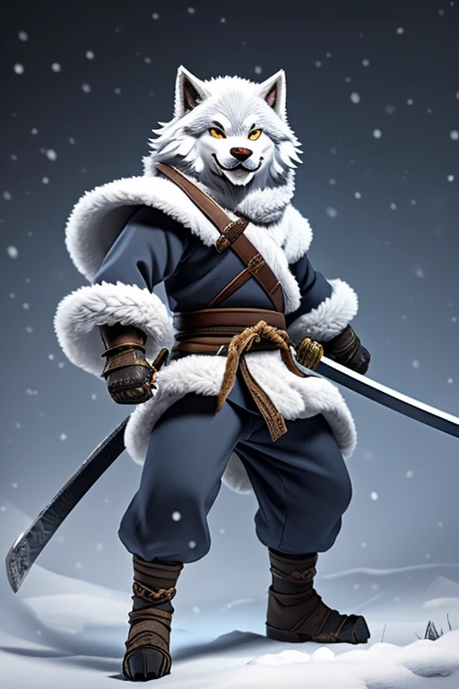 a huge white and grey fur snow wolf ready to fight in an epic battle with a katana sword in his hand, two katana swords on his waist.
