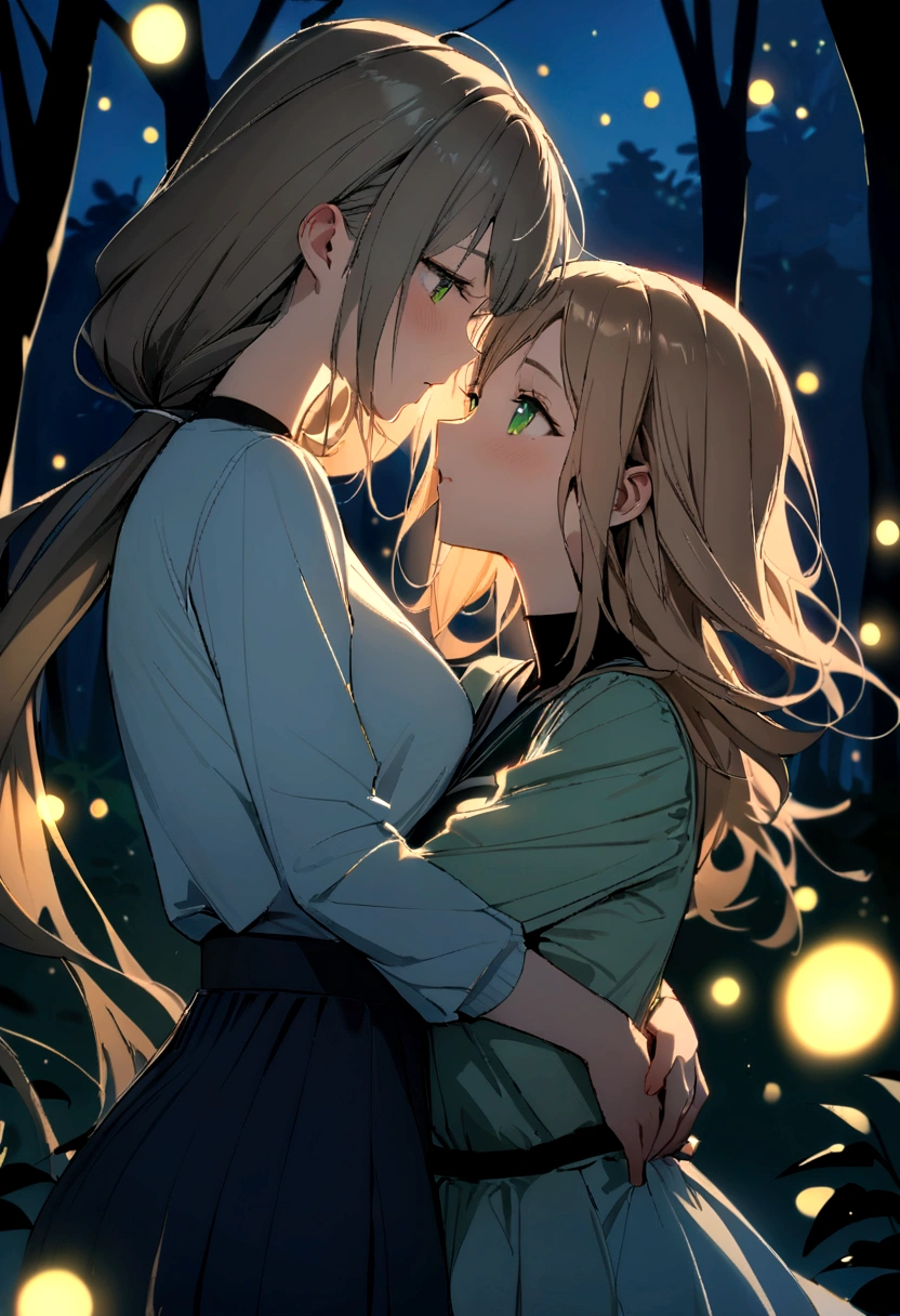 (Masterpiece, Best Quality), 2 girls, yuri, forest, evening, fireflies, hug, Upper part of the body, on one side, group profile, eye contact, Moonlight, wind, by the floating, Leaves falling, sporty girl,Initial position,Asian Games,stain,distant view,super-fine,ultra-detailed,high quality,8k ,oc rendering and a girl, high, goegeous, long ponytail hair, light brown hair, green eyes, beautiful