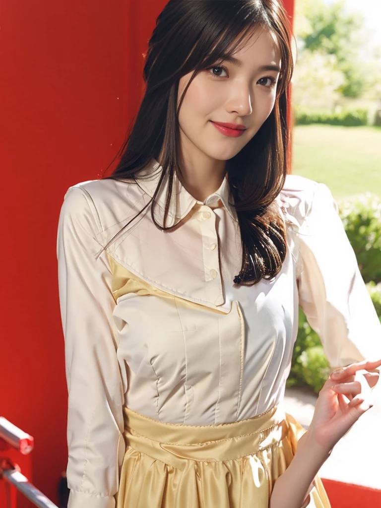 masterpiece, best quality, photorealistic, raw photo, 1girl, medium breast, collared blouse, light smile, detailed skin, pore, simple background