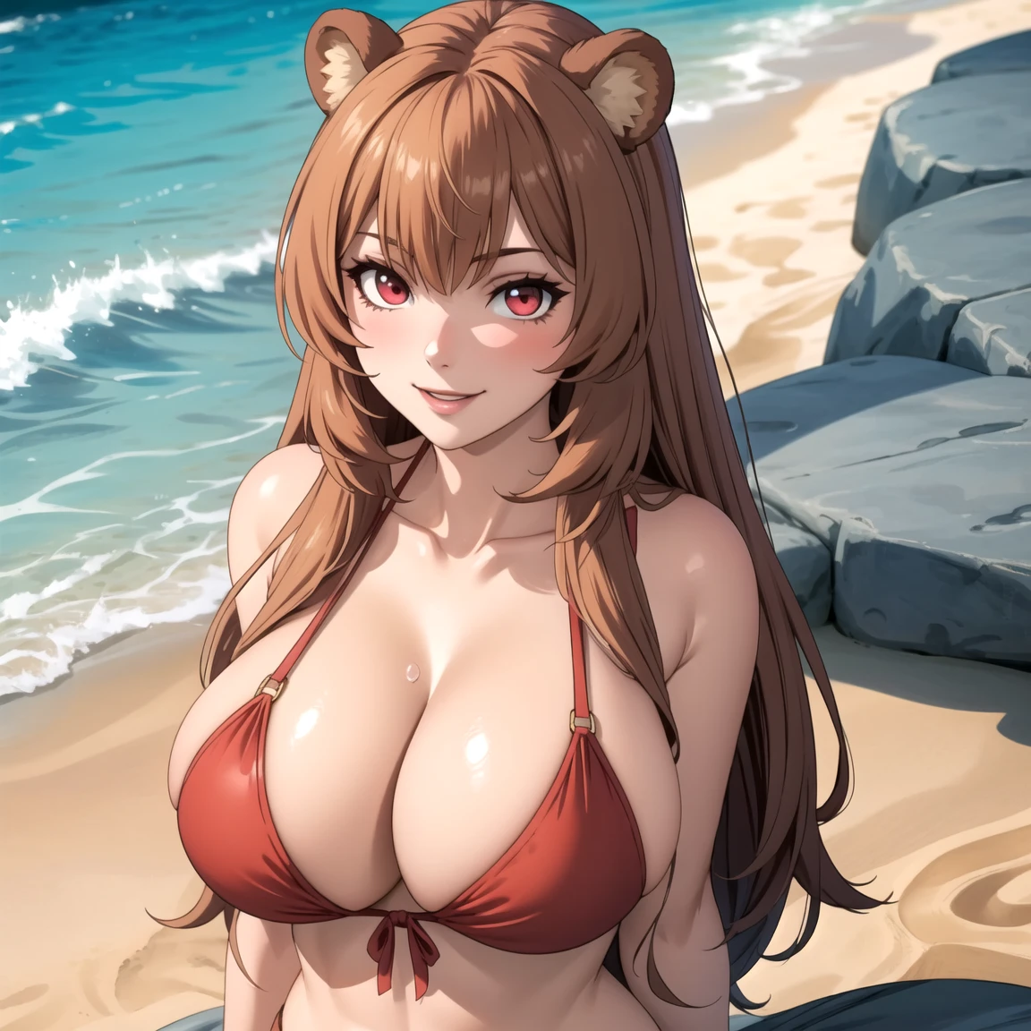 Raphtalia woman 24 years old blonde hair with pink tips, bear ears, Red eyes, BROWN SKIN, pale skin, big breasts , pink bikini, accessories, SMILE, background a white sand beach, whole body. perfect hands.  drops of water on his chest,  arms behind the back, sticking out chest, white sand beach, white sand. huge breasts. giant breasts, showing off her breasts. 