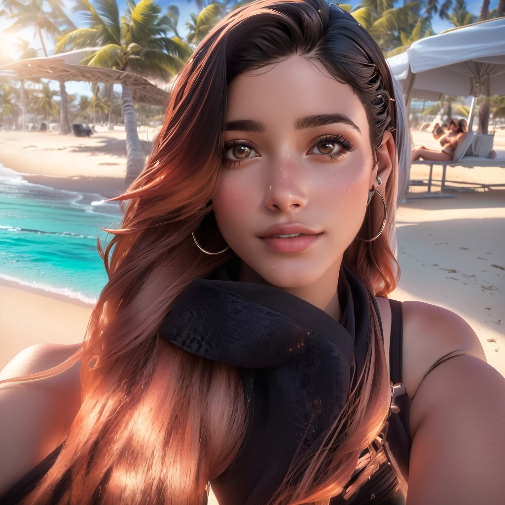 arafed woman in a bikini sitting on a beach with palm trees, selfie of a young woman, 8k selfie photograph, in the beach, 19-year-old girl, 30-year-old woman from cuba, at a tropical beach, kailee mandel, malika favre, taken in the early 2020s