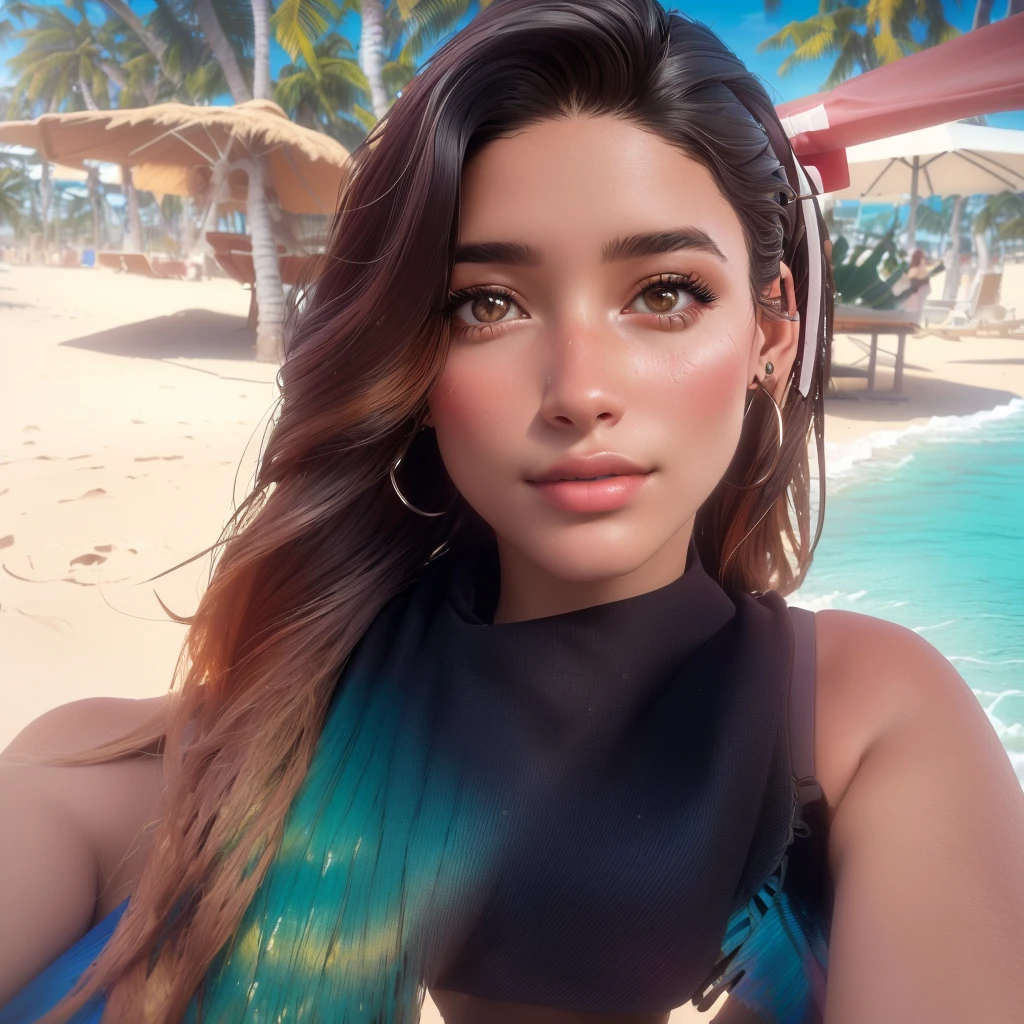 arafed woman in a bikini sitting on a beach with palm trees, selfie of a young woman, 8k selfie photograph, in the beach, 19-year-old girl, 30-year-old woman from cuba, at a tropical beach, kailee mandel, malika favre, taken in the early 2020s