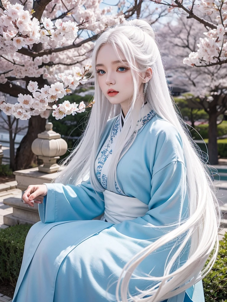 Long white hair, blue eyes, serious features, white skin, loose style, in a garden,in the Sakura Korea ,Korean Palace 