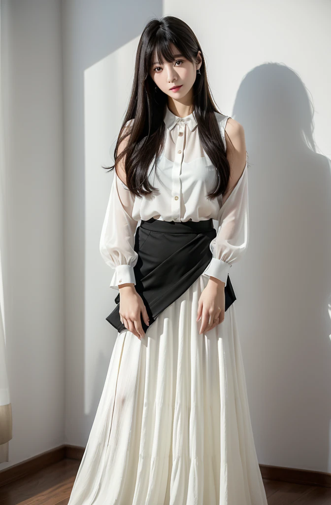White Room、Black maxi skirt  、Sheer blouse、(Highest quality)、((Very detailed))、4K、(8K)、masterpiece、Super detailed、Highest quality、Super Resolution、One person、Kind Face、Soft Light、Raw quality、Soft Skin、Heel、163cm、Tight Skirt:2