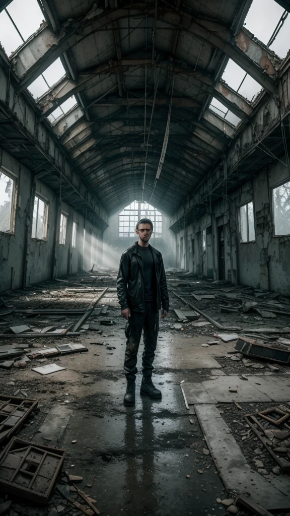 wide shot of man in lightweight black clothing, standing in the middle of an abandoned, decayed environment, Chernobyl-like ruins all around, degraded objects scattered, misty air, vast sense of emptiness, panoramic view, diffused lighting
