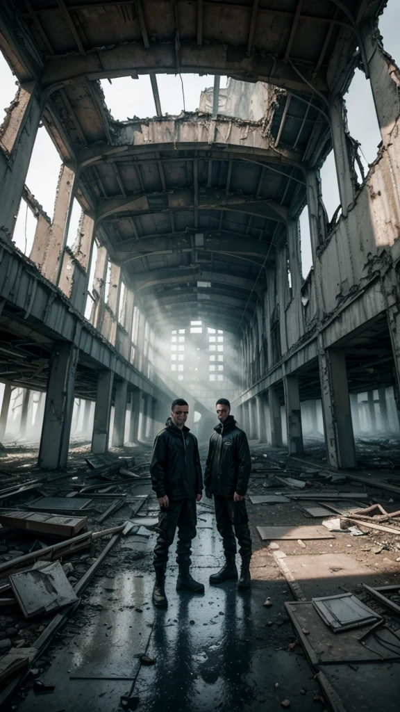 wide shot of man in lightweight black clothing, standing in the middle of an abandoned, decayed environment, Chernobyl-like ruins all around, degraded objects scattered, misty air, vast sense of emptiness, panoramic view, diffused lighting