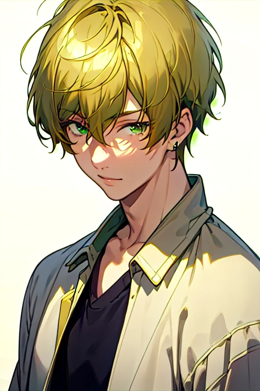 masterpiece, best quality, high quality, 1boy, solo, male focus, looking at viewer, upper body, takahiro_mizusawa, green eyes, blonde hair, jewelry, hair between eyes, realistic, jacket