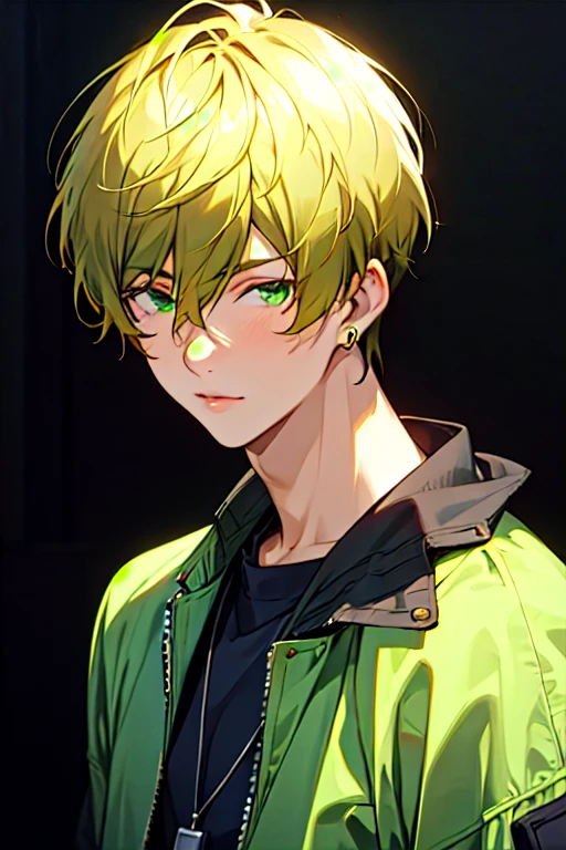 masterpiece, best quality, high quality, 1boy, solo, male focus, looking at viewer, upper body, takahiro_mizusawa, green eyes, blonde hair, jewelry, hair between eyes, realistic, jacket