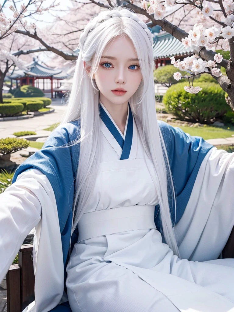 Long white hair, blue eyes, serious features, white skin, loose style, in a garden,in the Sakura Korea ,Korean Palace