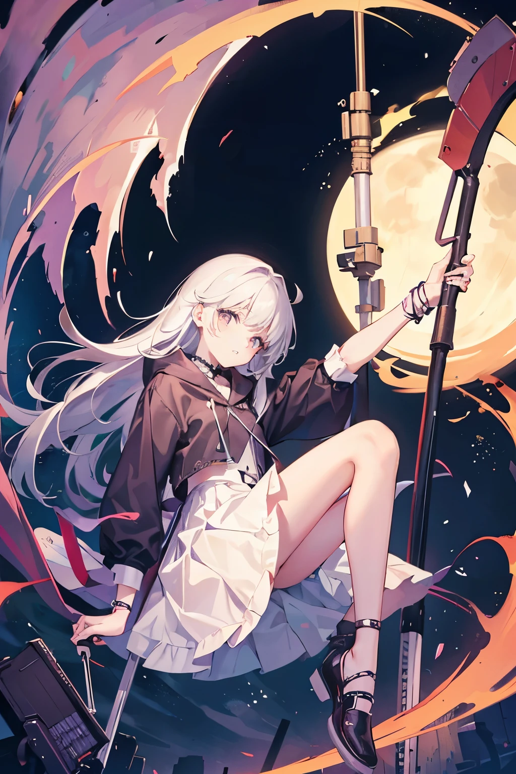 Under the Moon，A girl in a light dress，Left leg missing from under skirt，Left leg missing from under skirt，Left leg missing from under skirt，On crutches
