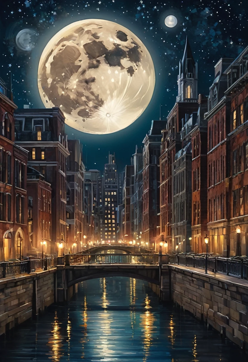 Night full moon glamor abstract image with star and city buildings 1930s digital painting with details.