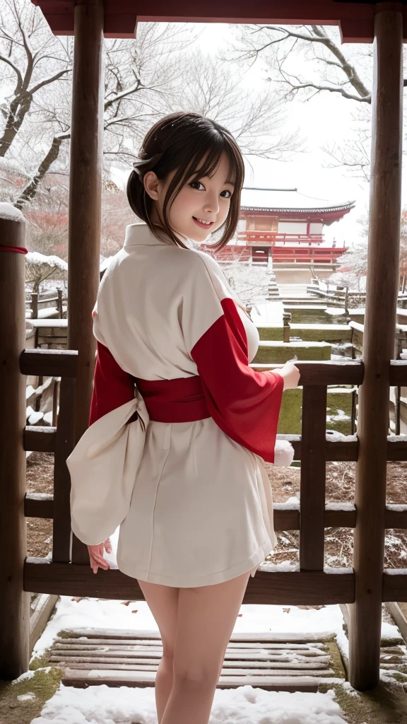 shrine、sunny winter weather、the leaves wither and fall、snow scene、snow-covered plants、Japanese clothing、plain white kimono、The skirt part is red、miko、Standing in front of the torii gate with the shrine behind、 Sakimi-chan,, nice and cute, innocent smile, , nice smile, Sakimi-chan HDRI、li big breasts、,(Big breasts that are about to burst:1.20),(beautiful big breasts 1:1)、brown hair、brown hairの髪、beautiful eyes、 with short bob