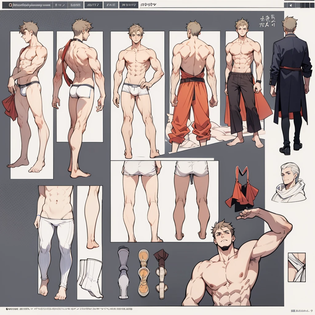 Masterpeice, best quality, correct annatomy, refrence sheet, male, underwear, athletic, multiple poses, front and back, muscular, adult, full body,