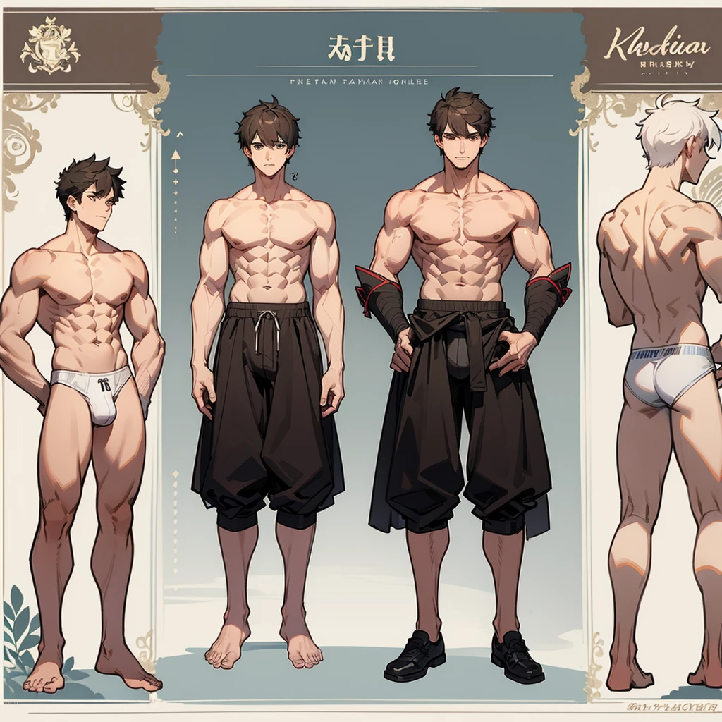 Masterpeice, best quality, correct annatomy, refrence sheet, male, underwear, athletic, multiple poses, front and back, muscular, adult, full body,