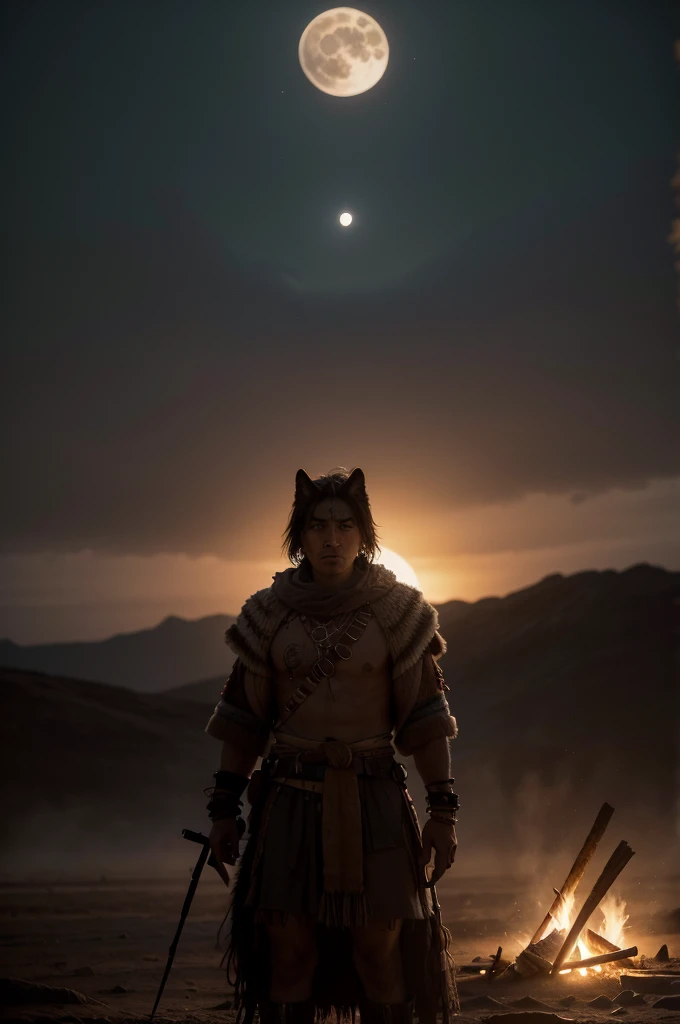A lone Apache warrior standing in a desert landscape, welcoming the rising sun, campfire burning, spirits and lights surrounding, large full moon with wolf and owl, cinematic lighting, dramatic clouds, highly detailed, masterpiece, 8k, photorealistic, studio lighting, warm color tones, dramatic lighting, intricate textures, strong chiaroscuro, volumetric fog
