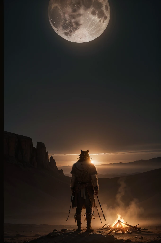 A lone Apache warrior standing in a desert landscape, welcoming the rising sun, campfire burning, spirits and lights surrounding, large full moon with wolf and owl, cinematic lighting, dramatic clouds, highly detailed, masterpiece, 8k, photorealistic, studio lighting, warm color tones, dramatic lighting, intricate textures, strong chiaroscuro, volumetric fog