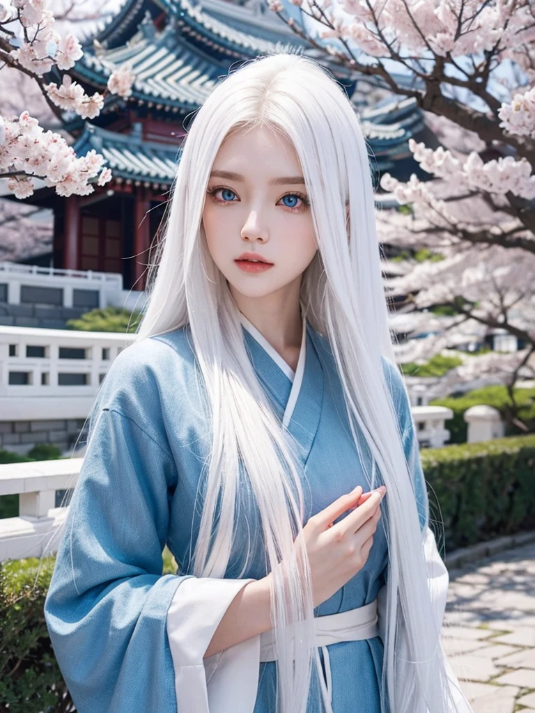 Long white hair, blue eyes, serious features, white skin, loose style, in a garden,in the Sakura Korea ,Korean Palace 