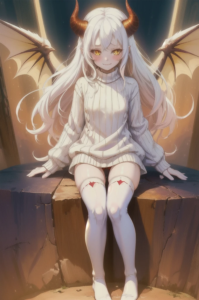 1 demon girl, 10 year old loli, solo, cute smile, long white hair, pale skin, small breasts, cute panties, dark sweater, white thighhighs, red rough texture horns, yellow eyes, fantasy, dramatic lighting, hell scenery, blushing, best quality, masterpiece,