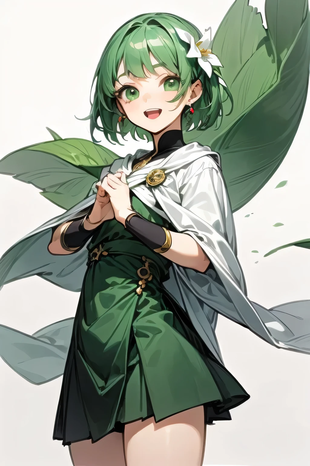1girl, solo, looking at viewer, cowboy shot, standing, li, smile, short hair, open mouth, bangs, hair ornament, (white background), jewelry, green eyes, flat chest, flower, earrings, (lime green hair), particles, hair flower, druid, knee length skirt, (Kurta), Celtic clothes, white cape, Cornus florida, (masterpiece), (best quality), (ultra-detailed), (illustration:1.2), (watercolor_painting:1.0), (highly detailed background:1.2), (thick outline), (perfect hands:1.4, two legs), composite lighting, professional shading, high quality textures, perfectly structured, natural proportions, extremely detailed beautiful anime face,