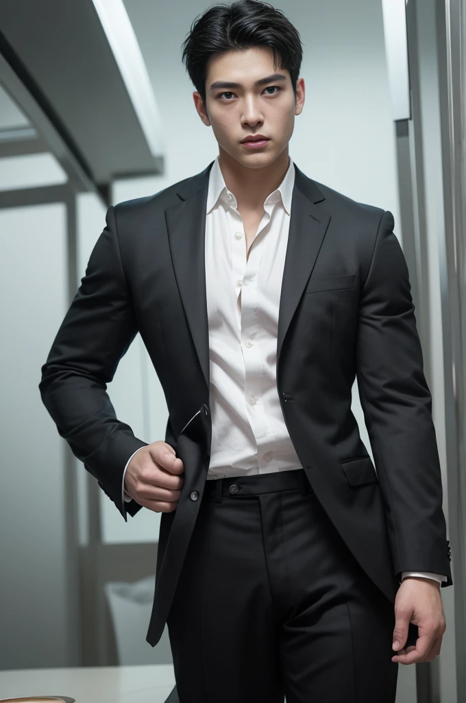 top quality、masterpiece、Super high resolution、(realistic:1.4)、detailed face、solo、1human male、black hair、glowing skin、dense skin、(Asian)、construct、(absurd、highest resolution、very detailed)、、1 male、adult、(20 year old male)、Handsome、키가 big muscles질의 남자、broad shoulders、very short hair、Angular chin、thick neck、thick eyebrows、very short hair、black hair、delicate eyes and delicate face、 very detailed CG Unity 8K 월페이퍼、intricate details、(style vortex magic:0.7)、Looking at the audience、solo、(Full Body Sbian:0.6)、detailed background、detailed face、dynamic pose、、city background、Dynamic configuration、 big muscles、、((((crotch bulge))))、Handsome、 ((table top:1.4, best quality)), ((table top, best quality)), (realistic:1.4)、(((wearing a suit)))、、hip、큰 hip、behind、Wear civilian clothes、suits、Japanese male