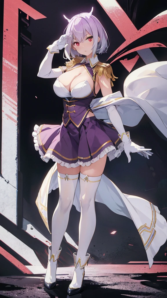 (full body),masterpiece, Highest quality, High resolution, male, short hair, o, Red eyes, Large Breasts, Cleavage, Epaulettes, White gloves, Elbow hand pockets, Purple Skirt, Knee socks, Cowboy Shot, (Pose in front),Straight, street,Low - Angle,Downから,Down