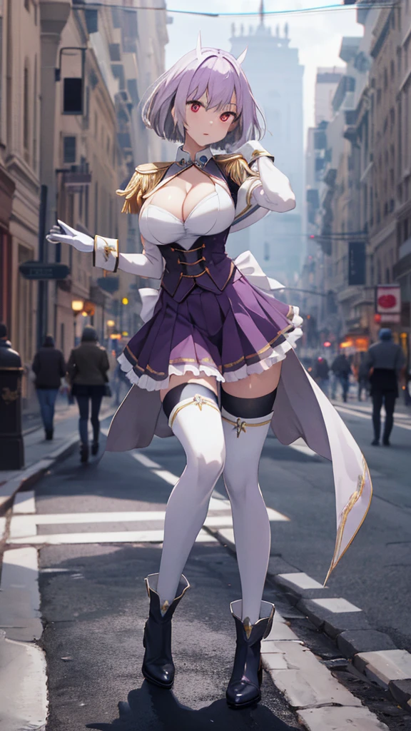 (full body),masterpiece, Highest quality, High resolution, male, short hair, Hello, Red eyes, Large Breasts, Cleavage, Epaulettes, White gloves, Elbow hand pockets, Purple Skirt, Knee socks, Cowboy Shot, (Pose in front)，Straight, street，Low - Angle，Downから，Down