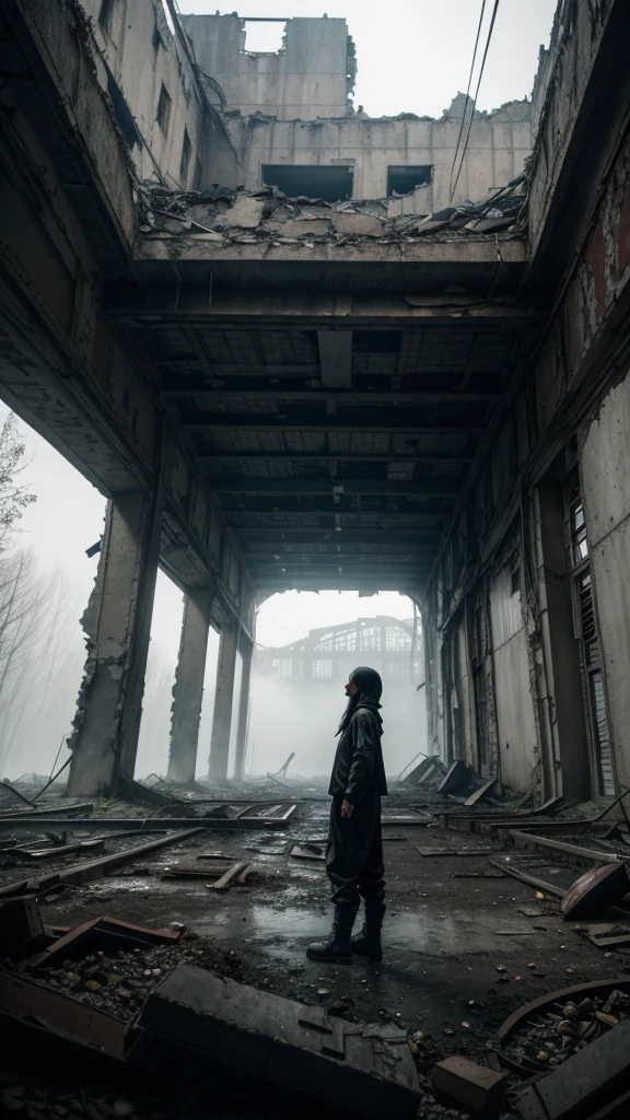 upward view of solitary figure in lightweight black flowing garments, in a deserted, dilapidated setting, Chernobyl-esque ruins looming overhead, rusted and broken objects, foggy ambiance, feeling of oppression, low-angle perspective, dim light