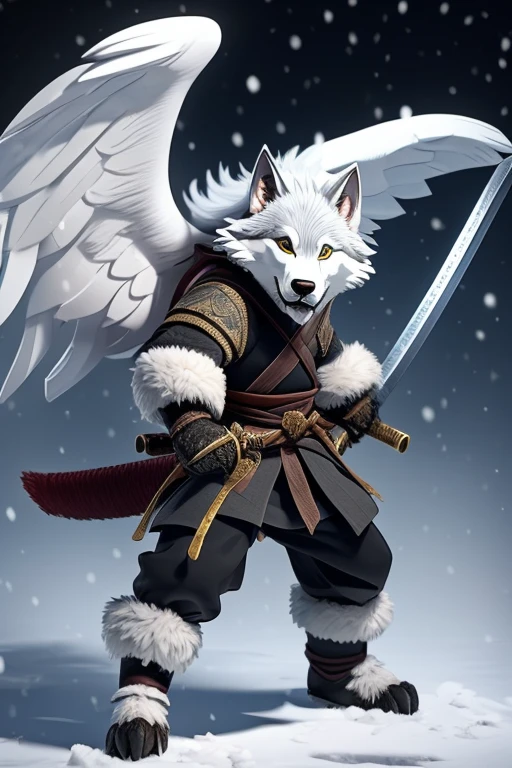 a huge white and grey fur snow wolf ready to fight in an epic battle with a katana sword in his hand, two katana swords on his waist, two wings on the back.