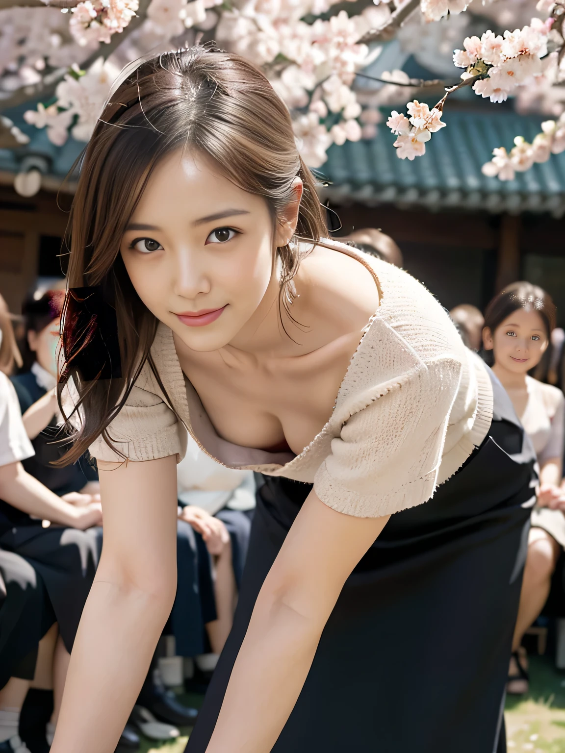 Brown bra,Lookwg down,Leanwg forward,A small valley is visible,skirt,One girl, Lookwg_w_Audience, smile, Japan, Tokyo, Cherry Blossom, Octane Renderwg, 一人w, Very skwny,V-neck　buswess suit,A neat image,Mature Woman