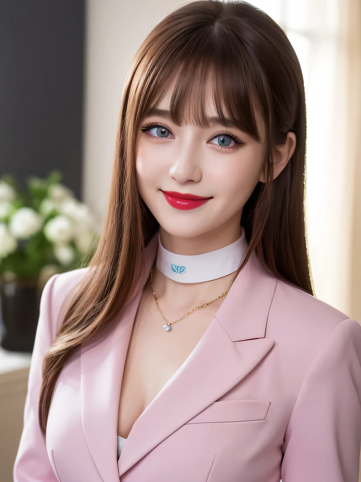 (Highest quality, 8K, Tabletop, Ultra HD: 1.3), Pastel pink business suit, 20-year-old、Bans、smile, Black choker, Blue Eyes, Red lipstick, Very long eyelashes, Big breasts family, noble, bangs, Straight long hair with brown hair, President&#39;s office, ((Full body portrait:1.5, Thighs)), mini skirt, high waist, Hair tied back
